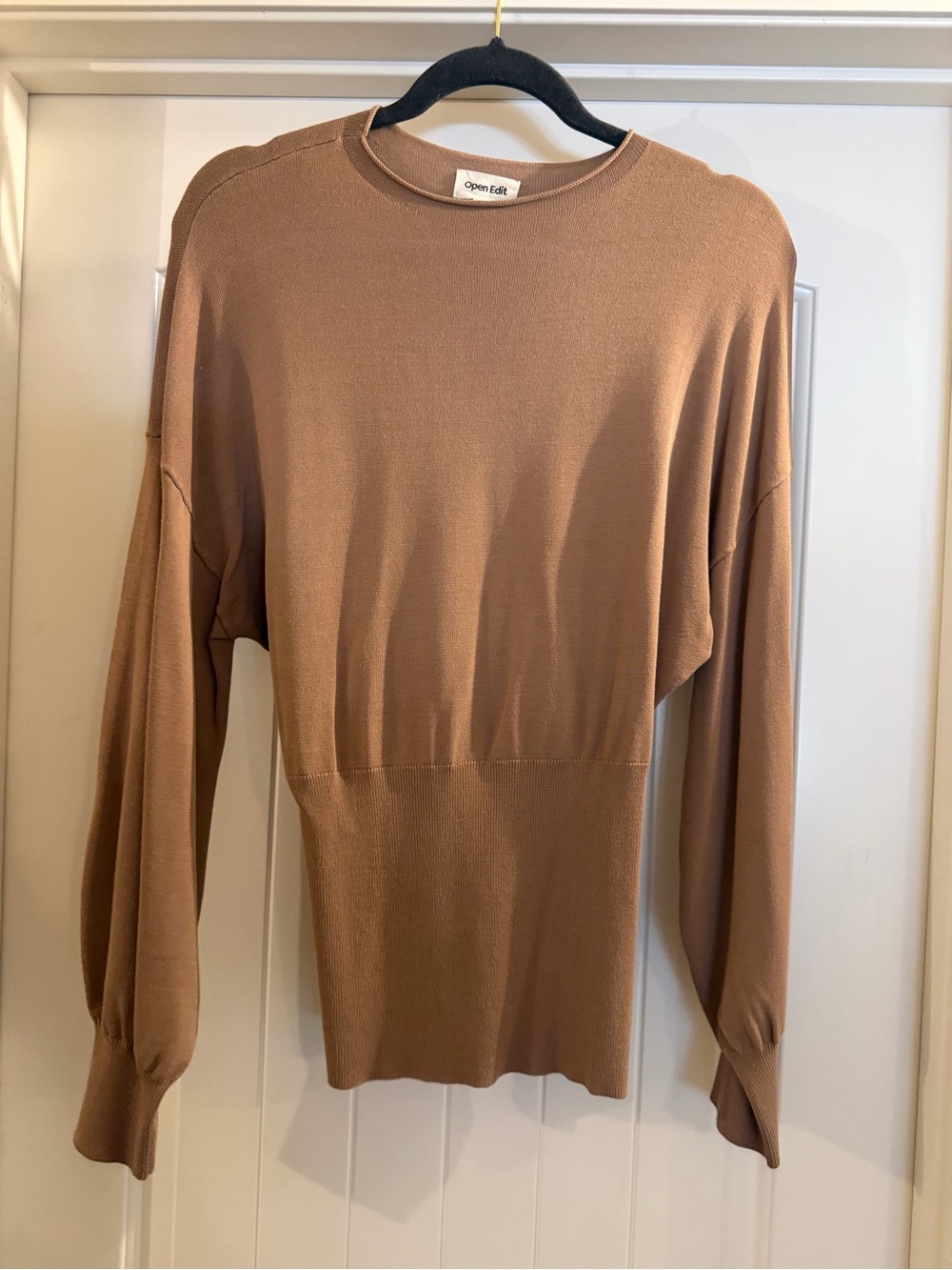 Women’s Open Edit, Tan Crewneck Sweater with Tie Back Detail